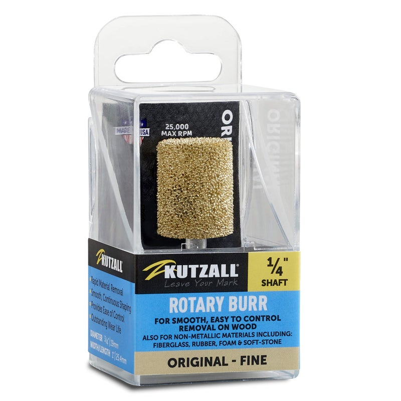Kutzall Original Cylinder Rotary Burr, 1â„4" Shaft, Fine - Wood Carving Bit for Bosch, DeWalt, Milwaukee. Abrasive Tungsten Carbide, 3â„4" (19mm) Head Dia. X 1" (25.4mm) Length, C-34G - Image 1
